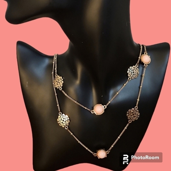 VTG Filigree Pink Beaded Long Station Sweater Necklace - Picture 1 of 8